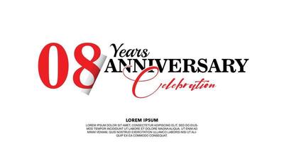 08 year anniversary celebration logo vector design with red and black color on white background abstract