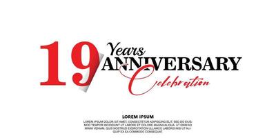 19 year anniversary celebration logo vector design with red and black color on white background abstract