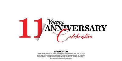 11 year anniversary celebration logo vector design with red and black color on white background abstract