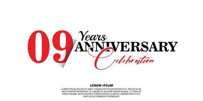 09 year anniversary celebration logo vector design with red and black color on white background abstract