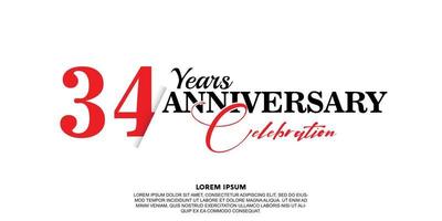 34 year anniversary celebration logo vector design with red and black color on white background abstract