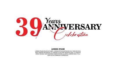 39 year anniversary celebration logo vector design with red and black color on white background abstract