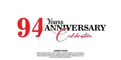 94 year anniversary celebration logo vector design with red and black color on white background abstract