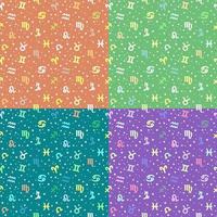 Backgrounds with zodiac signs. Set of seamless astrology patterns with zodiac signs in four colors vector