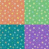 Backgrounds with zodiac signs. Set of seamless astrology patterns with zodiac signs in four colors vector