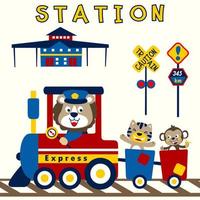 Funny animals on steam train with train elements, vector cartoon illustration