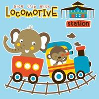 Funny elephant and monkey on steam train with train station, vector cartoon illustration