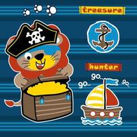 cute lion the pirate hugging treasure chest on striped background with pirate elements, vector cartoon illustration