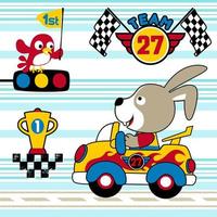 Bunny on racing car, cute bird holding flag on racing light, car racing element on striped background, vector cartoon illustration