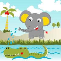 Cute elephant with crocodile in river, vector cartoon illustration