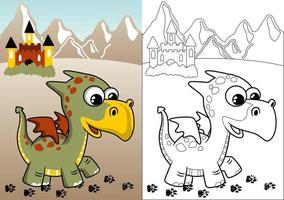 Little dragon and castle on mountain background, Vector cartoon illustration, coloring book or page