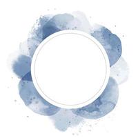 Vector round frame with abstract blue watercolor stains on white background in pastel colors.