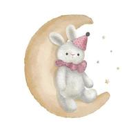 Cute bunny on the moon with little stars, watercolor vector illustration.