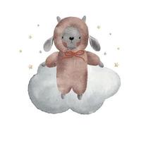 Cute plush toy on the cloud with little stars, watercolor vector illustration.