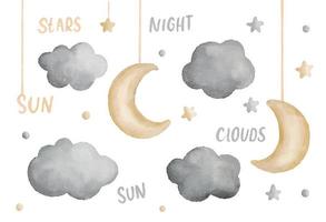 Cute watercolor illustration for baby and kids with moon, stars, clouds. vector