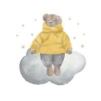 Cute Teddy Bear on the cloud with little stars, watercolor vector illustration.