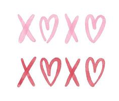 Xoxo watercolor Romantic phrase with sketch heart. Ink lettering design. Grunge brush calligraphy. vector