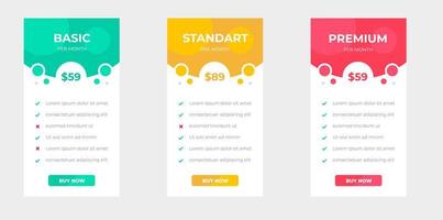 pricing table and pricing chart Price list vector template for web or app. Ui UX design tables with tariffs, subscription and business plans. Comparison business web plans, 3 column grid design.