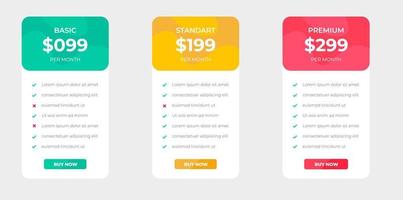 fijación de precios mesa y fijación de precios gráfico precio lista vector modelo para web o aplicación ui ux diseño mesas con aranceles, suscripción y negocio planes comparación negocio web planes, 3 columna cuadrícula diseño.