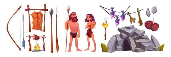 Prehistoric cave people, primitive caveman family vector