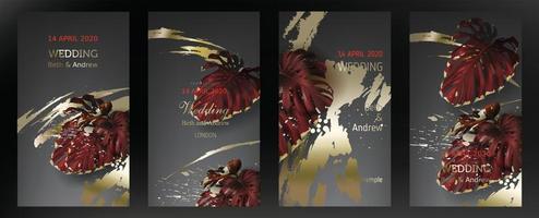 Tropical black and gold leaves on dark background vector