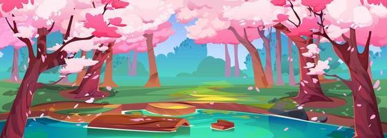 Spring forest with japanese cherry trees and lake vector