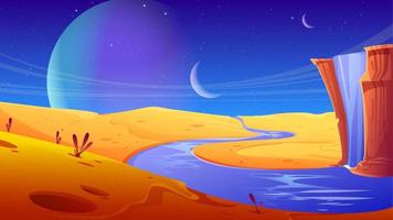 Alien planet with waterfall and desert river vector