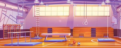 School gymnasium with sport equipment, balls vector