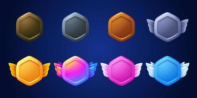 Game badges, buttons in hexagon frame with wings vector