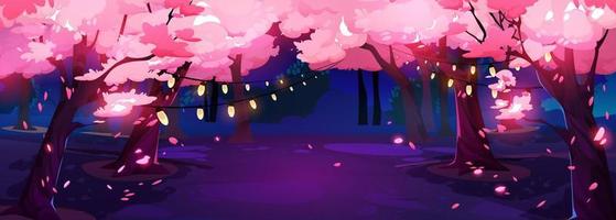 Japanese cherry garden, sakura blossom night park vector