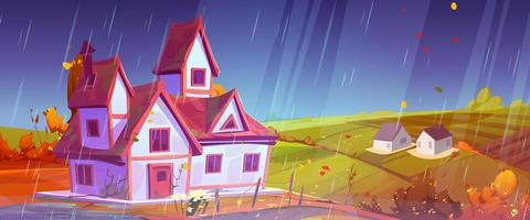 Autumn countryside farm house and rainy field vector