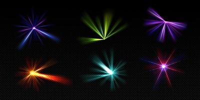 Bright light beams, laser rays, neon glow effect vector