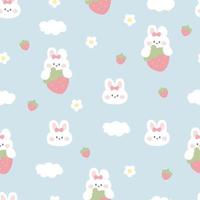 Cute kawaii seamless pattern. Cute Bunny. Rabbit and strawberry, sky, clouds. Vector