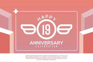 19th year anniversary design letter with wing sign concept template design on pink background vector