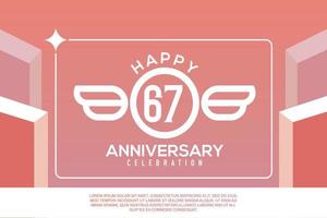 67th year anniversary design letter with wing sign concept template design on pink background vector