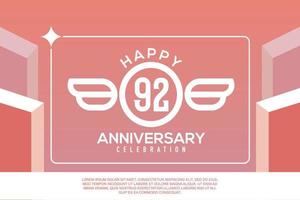 92nd year anniversary design letter with wing sign concept template design on pink background vector