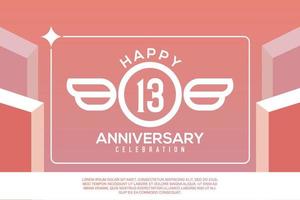 13th year anniversary design letter with wing sign concept template design on pink background vector