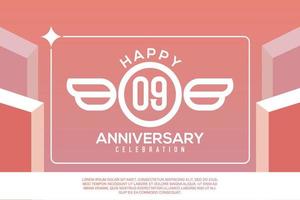 09th year anniversary design letter with wing sign concept template design on pink background vector