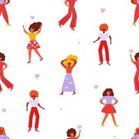 A seamless pattern with different beautiful women. Funny happy girls laughing, dancing. Vector graphics.