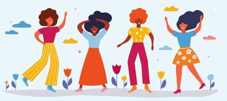 Beautiful women dance, rejoice, make friends. Happy bright females in spring on a background of flowers. Simple flat graphics. vector