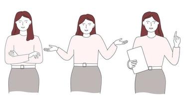 The girl spreads her arms to the sides, crosses them, thinks she has a problem. Human poses. The character makes a presentation. Vector graphics.