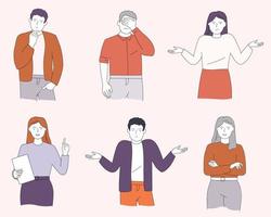 A set of young people in different poses. Men and women, students, managers think, divorce, cross their arms, solve the problem. Vector graphics.