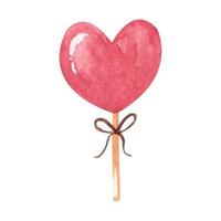 Watercolor pink candy on a stick. Hand drawn watercolour illustration of heart shaped red lollipop for greeting card, print, sticker, poster. vector