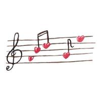 Watercolor musical notation with heart shaped notes. Hand drawn watercolour music symbols for Valentines day, print, card, sticker. vector