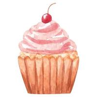 Hand drawn watercolor pink cupcake with cherry. Sweet food, delicious dessert for card, print, logo, sticker. vector