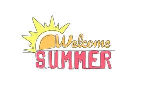 Single continuous line drawing of cute cool greeting typography quote - Welcome Summer. Calligraphic design for print, greeting card, banner, poster. One line graphic draw design vector illustration