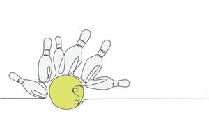 One single line drawing of bowling pins falling apart hit by bowling ball at alley lane graphic vector illustration. Leisure activity and game sport concept. Modern continuous line draw design