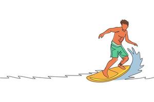 una línea continua dibujando a un joven surfista turista feliz haciendo surf en el océano ondulado. concepto de deporte acuático extremo saludable. vacaciones de verano. Gráfico dinámico de ilustración vectorial de diseño de dibujo de una sola línea vector