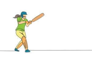 dibujo de una sola línea continua joven mujer ágil jugadora de críquet golpeó con éxito la ilustración gráfica vectorial de la pelota. concepto de ejercicio deportivo. diseño moderno de dibujo de una línea para medios de promoción de cricket vector