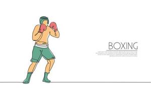 Single continuous line drawing of young agile man boxer improve his boxing defense skill. Fair combative sport concept. Trendy one line draw design vector illustration for boxing game promotion media